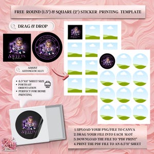 K&ouml;nnte beinhalten: Eine Aufkleber-Druckvorlage mit dem Text "FREE ROUND (3.8cm) & SQUARE (5cm) STICKER PRINTING TEMPLATE". Die Vorlage enth&auml;lt Drag-and-Drop-Bereiche, ein rundes Aufkleberdesign und Anweisungen zur Verwendung. Das Design zeigt den Text "SWEETS by Andrea".