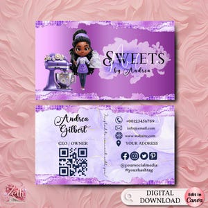 Lila Bäckerei Visitenkarte Vorlage DIY Benutzerdefinierte Kuchen Visitenkarte Bearbeitbare druckbare Visitenkarte Design Kuchen African American Bakery Card