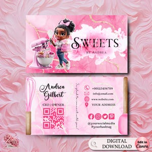 Chibi Girl Bäckerei Visitenkarte Vorlage DIY Benutzerdefinierte Kuchen Visitenkarte Bearbeitbare druckbare Visitenkarte Design Kuchen behandelt Visitenkarte
