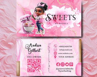 Chibi Girl Bakery Business Card Template DIY Custom Cake Business Card Editable Printable  Business Card Design Cake Treats Business Card