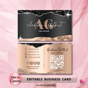 Editable Black Rose Gold Glitter Business Card Template, Sparkle Business Card, Business Card, DIY Business Card, Canva Template Beauty Card