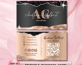 Editable Black Rose Gold Glitter Business Card Template, Sparkle Business Card, Business Card, DIY Business Card, Canva Template Beauty Card