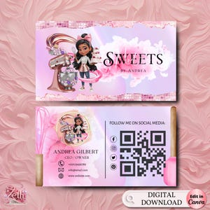 Chibi Girl Bäckerei Visitenkartenvorlage, DIY benutzerdefinierte Visitenkarte, bearbeitbares druckbares Visitenkartendesign, rosa Kuchen behandelt Bäckerei Karte