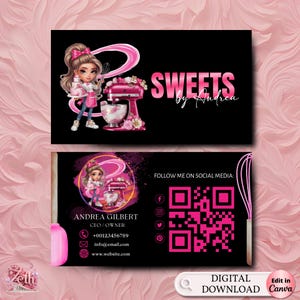 Chibi Girl Baker Bakery Business Card Template, Pink DIY Custom Cake Business Card, Editable Printable Business Card Design Cake Treats Card