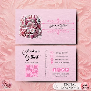 Modern Pink Editable Seamstress Business Card, Tailor Card, Crafter Business Card, Sewing Business Card Template, Sewing Business Card Canva
