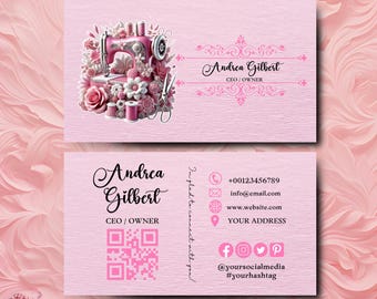 Modern Pink Editable Seamstress Business Card, Tailor Card, Crafter Business Card, Sewing Business Card Template, Sewing Business Card Canva