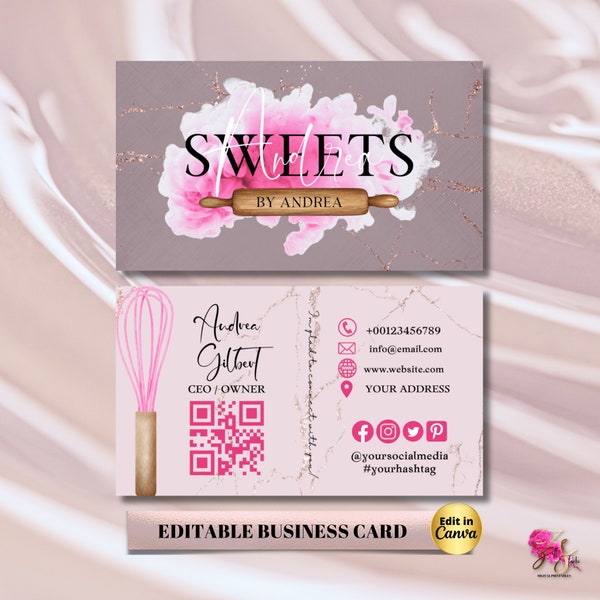 MODERN Pink Smoke Bakery Business Card Template DIY Custom Cake Business Card Editable Printable  Business Card Design Cake Business Card