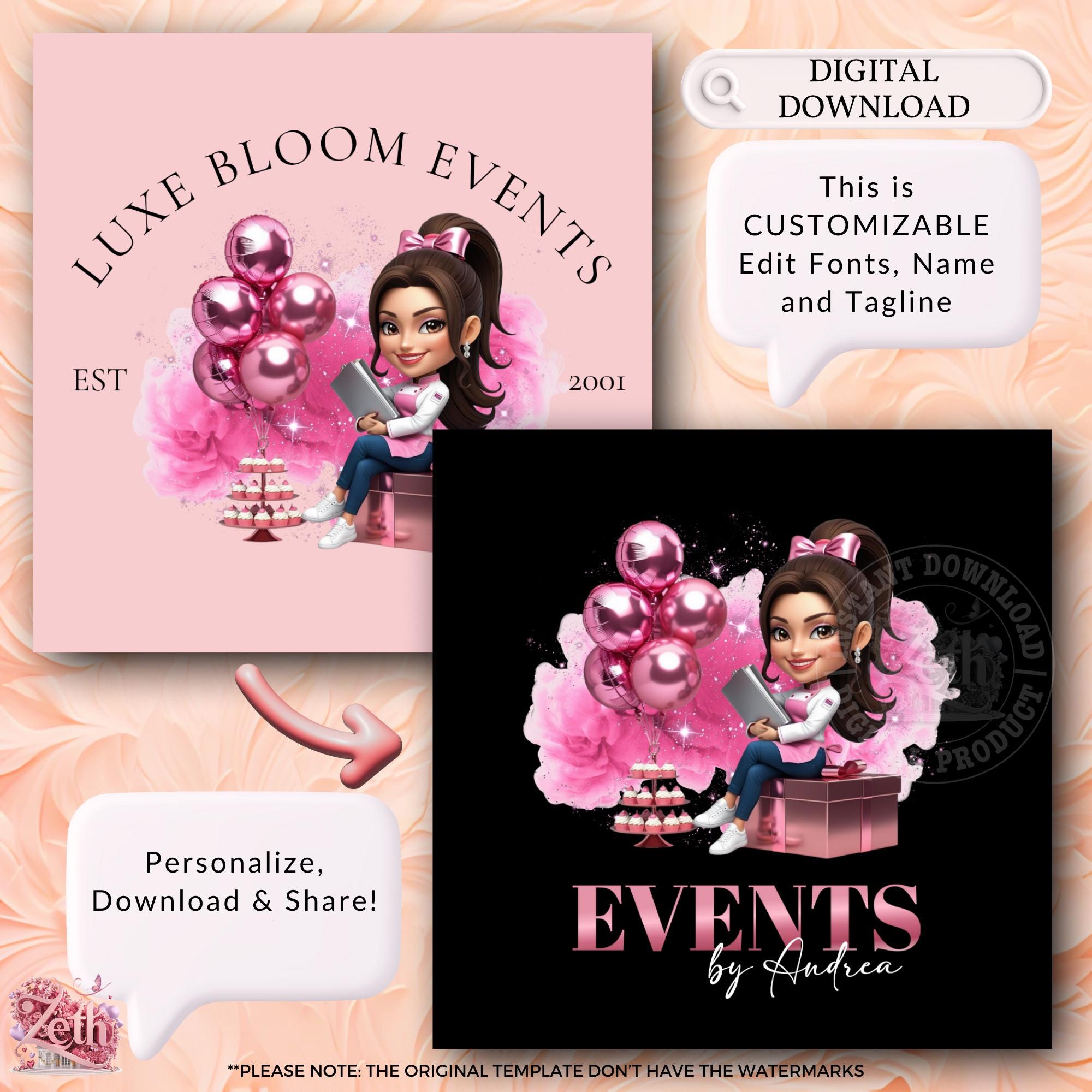 Layout Event Program Design Color Pink Pink Event Planner Logo, DIY Glitter Logo Template, Wedding & Party ...