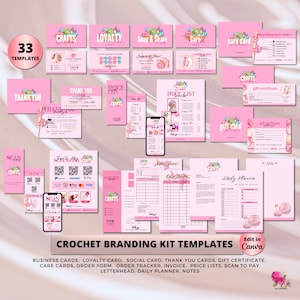 May include: A pink and white crochet branding kit template with 33 templates for business cards, loyalty cards, social cards, thank you cards, gift certificates, care cards, order forms, order trackers, invoices, price lists, scan to pay, letterheads, daily planners, and notes. The templates feature a cute crochet design with a pink and white color scheme.