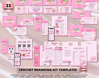 May include: A pink and white crochet branding kit template with 33 templates for business cards, loyalty cards, social cards, thank you cards, gift certificates, care cards, order forms, order trackers, invoices, price lists, scan to pay, letterheads, daily planners, and notes. The templates feature a cute crochet design with a pink and white color scheme.