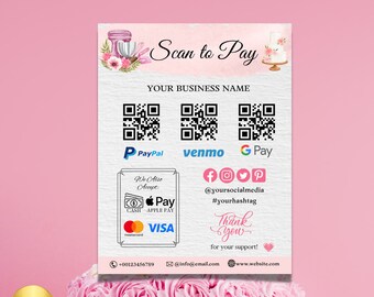 Pink Cake Editable Scan to Pay template, Printable Payment Sign QR Code Sign, Cashapp Venmo Qr Code Sign, Scan to Paypal, Scan And Pay Signs