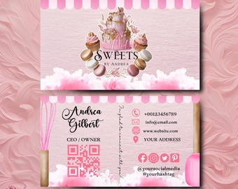 MODERN Pink Bakery Business Card Template DIY Custom Cake Business Card Editable Printable  Business Card Design Cake Treats Business Card