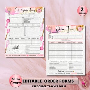 Rosa kundenspezifisches Kuchenbestellformular bearbeitbar, rosa Aquarell kundenspezifisches Bäckereibestellformular, Handwerksbestellformular, kleine Geschäftsformulare, Full-Service-Bäckerei