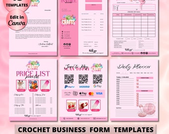 May include: A set of 13 printable crochet business form templates in pink and white. The templates include an order form, order tracker, invoice, price list, scan to pay, letterhead, daily planner, and notes.