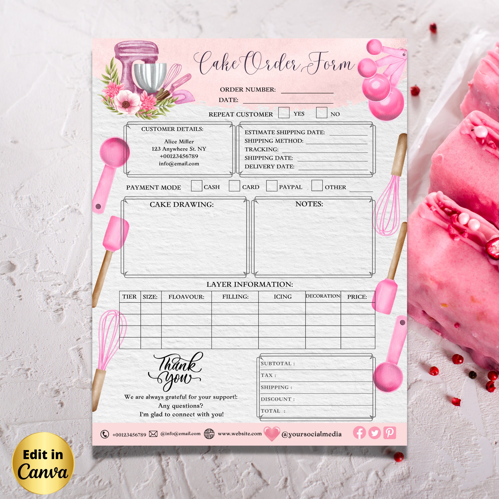 Pink Requisition Form Pink Custom Cake Order Form Editable, Pink Watercolor Custom Bakery ...