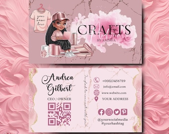 May include: Pink and gold business card with a cartoon illustration of a woman with braids and a pink shirt. The text on the card reads "Crafts by Andrea" and "Andrea Gilbert, CEO/Owner".