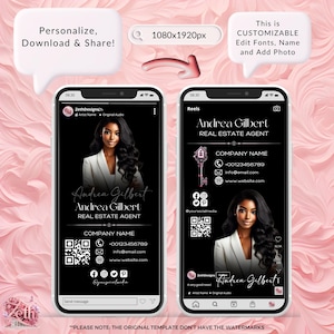 May include: Black and white Instagram story template for a real estate agent. The template features a photo of a woman, her name, the text "Real Estate Agent", and contact information. The template also includes a QR code, social media icons, and a key icon.
