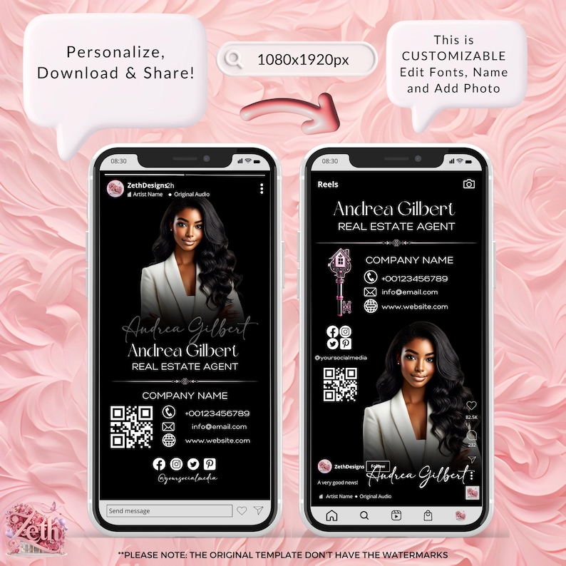 May include: Black and white Instagram story template for a real estate agent. The template features a photo of a woman, her name, the text "Real Estate Agent", and contact information. The template also includes a QR code, social media icons, and a key icon.
