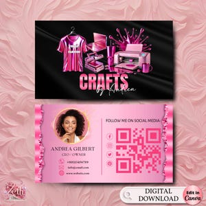 Design biglietto da visita Crafting rosa, biglietto da visita T-shirt con logo Crafter, biglietto da visita con pressa a caldo, biglietto da visita fai da te, biglietto da visita Tumbler per magliette Canva