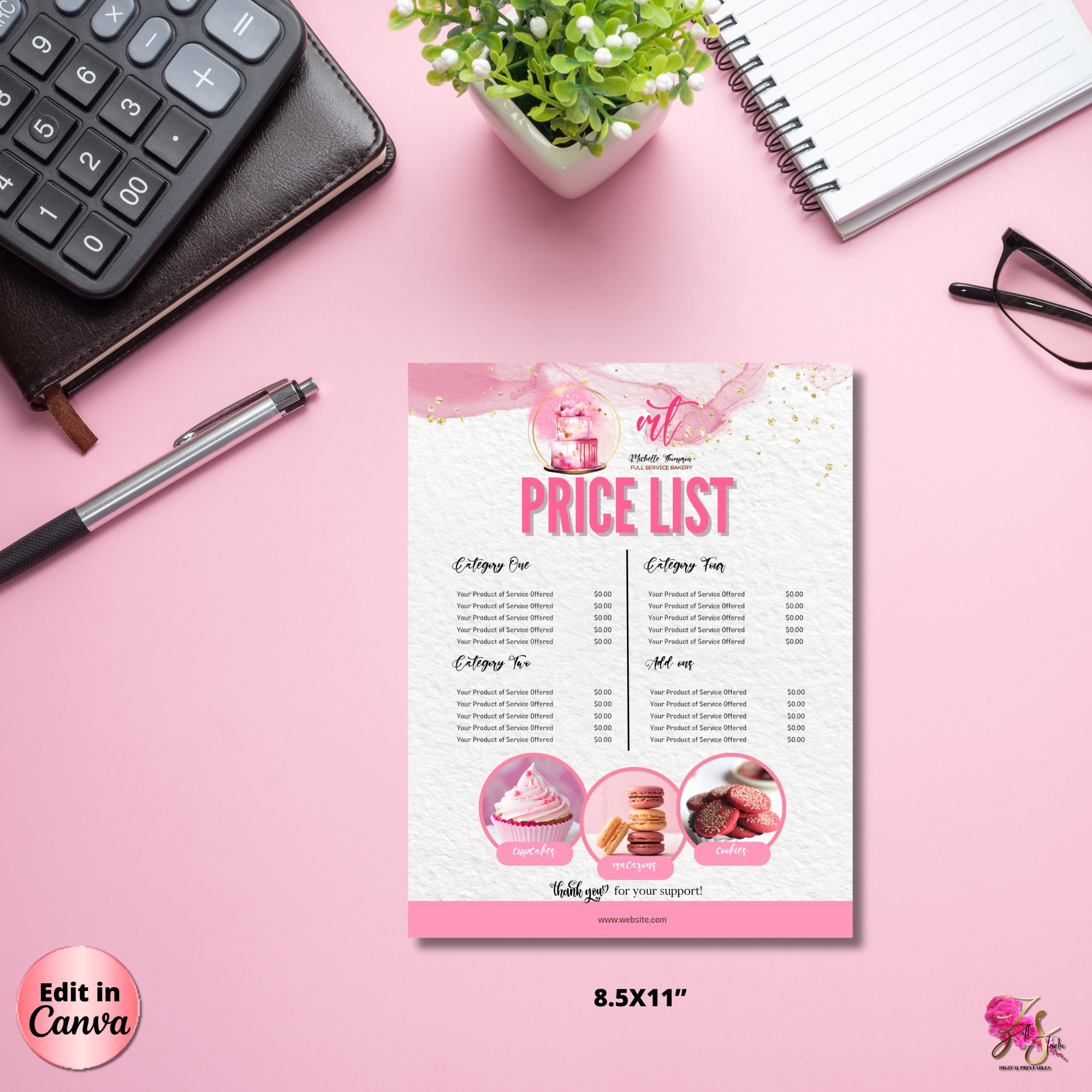 Editable Bakery Price List Template, Pink Bakery Cake Printable