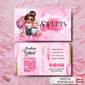 Chibi Girl Bäckerei Visitenkarte Vorlage DIY Benutzerdefinierte Kuchen Visitenkarte Bearbeitbare druckbare Visitenkarte Design Kuchen behandelt Visitenkarte
