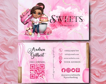 Chibi Girl Bakery Business Card Template DIY Custom Cake Business Card Editable Printable  Business Card Design Cake Treats Business Card