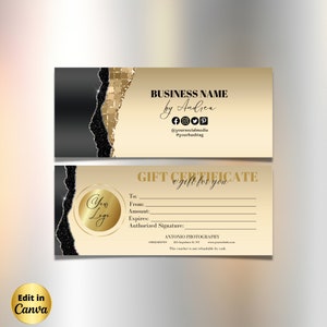 Gold Black Stylish Modern Gift Certificate Template, Printable Gift Card Template, Editable Gift Voucher, Instant Download, ADD YOUR LOGO