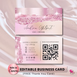 Editable Pink Glitter Business Card Template, Pink Sparkle Business Card, Business Card, DIY Business Card, Canva Template