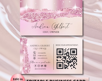 Editable Pink Glitter Business Card Template, Pink Sparkle Business Card, Business Card, DIY Business Card, Canva Template