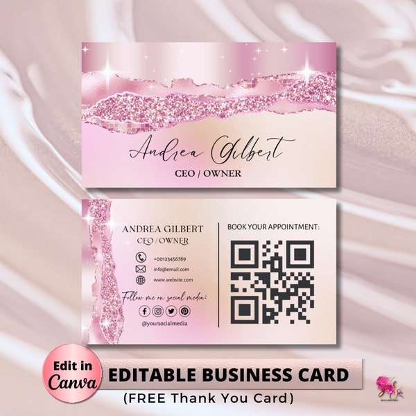 Editable Pink Glitter Business Card Template, Pink Sparkle Business Card, Business Card, DIY Business Card, Canva Template