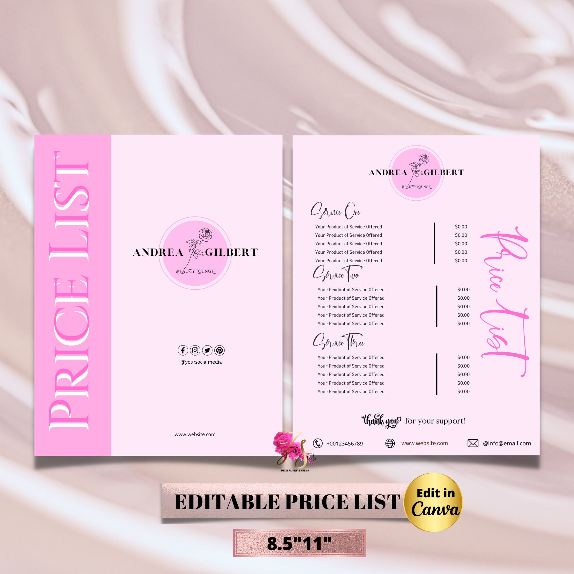 Pink Feminine Editable Price List Template, Printable Business Pricing ...