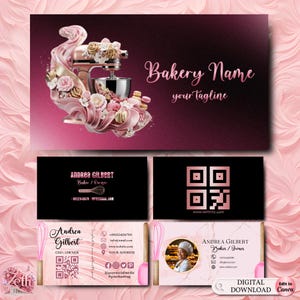 Modern Pink Bakery Business Card, Editable Cake Business Card Template, DIY Custom Design, Printable Wedding Cake Shop Card, Edit in Canva