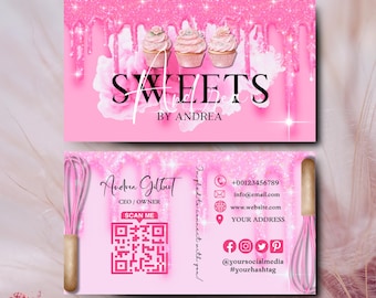 Pink Glitter Bakery Business Card Template DIY Custom Cake Business Card Editable Printable  Business Card Design Pink Cake Business Card