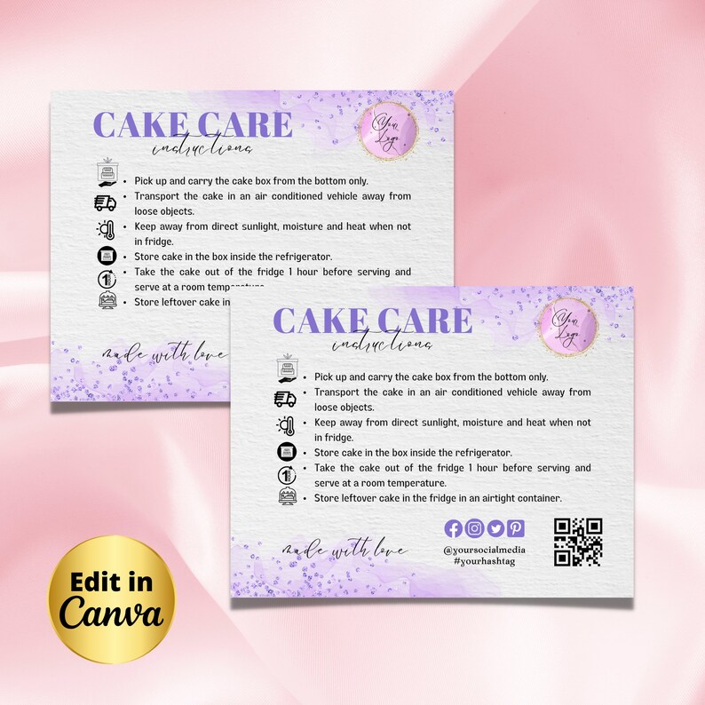 Purple Editable Cake Care Card, Printable Cake Care Template Wedding