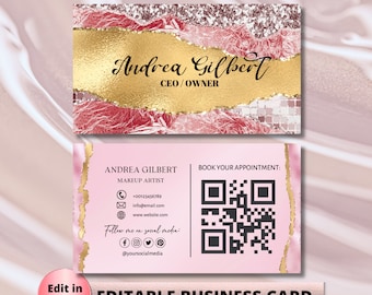 Editable Pink Gold Glitter Business Card Template, Sparkle Business Card, Business Card, DIY Business Card, Canva Template Beauty Spa Card