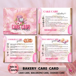 BAKERY Care Card, Editable Canva Template, Wedding Macarons Care Cards, Printable Care Guide, Cake Cookies Instructions , Instant Download