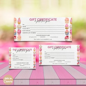 3 Pack Pink Watercolor MODERN Creative Pink Cake EDITABLE Gift Certificate Template Feminine Printable Gift Voucher Design Gift Certificate