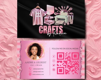Pink Crafting Business Card Design, Crafter Logo T-shirt Business Card, Heat Press Card, DIY Business Card, T-shirt Tumbler Maker Card Canva