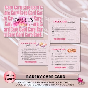 BAKERY Care Card, Editable Canva Template, Wedding Macarons Care Cards, Printable Care Guide, Cake Cookies Instructions , Instant Download