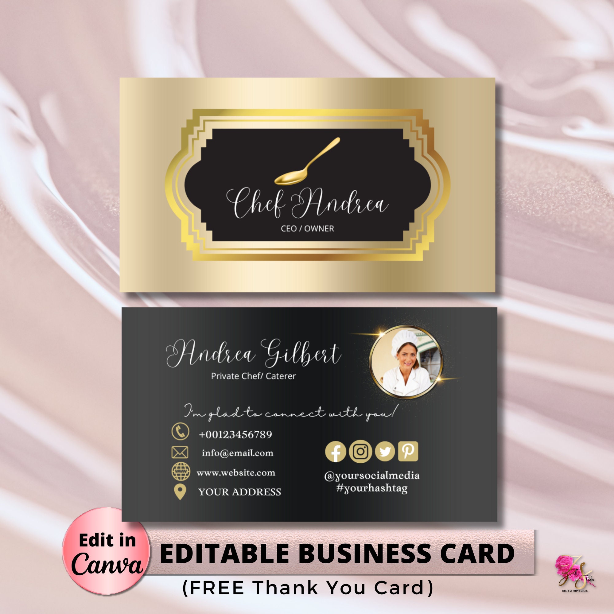 Gold Black Modern Editable Business Card Template, Business Card, DIY Business Card Catering Food Feminine Card Canva Template Add your Logo