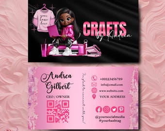 Pink Crafting Business Card Design, Crafter Logo T-shirt Business Card, Heat Press Card, DIY Business Card, T-shirt Tumbler Maker Card Canva