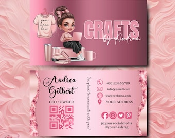 Pink Crafting Business Card Design, Crafter Logo T-shirt Business Card, Heat Press Card, DIY Business Card, T-shirt Tumbler Maker Card Canva