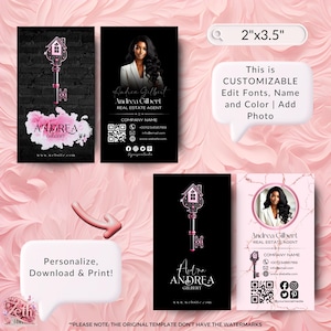 May include: A customizable real estate business card template featuring a black background with a pink key and house design. The template includes space for a photo, name, company name, contact information, and social media links. The text "ANDREA GILBERT" is displayed on the card.