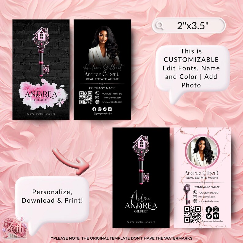 May include: A customizable real estate business card template featuring a black background with a pink key and house design. The template includes space for a photo, name, company name, contact information, and social media links. The text "ANDREA GILBERT" is displayed on the card.