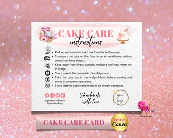 Custom Cake Editable Care Card, Printable Cake Care Template Wedding Cake Care Guide, Cake Transport Instructions, Instant Download