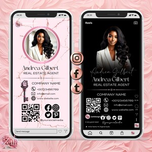May include: A pink and white marble background with a black phone screen displaying a real estate agent's business card. The card features a woman's headshot, the text "Andrea Gilbert Real Estate Agent", contact information, and social media icons.