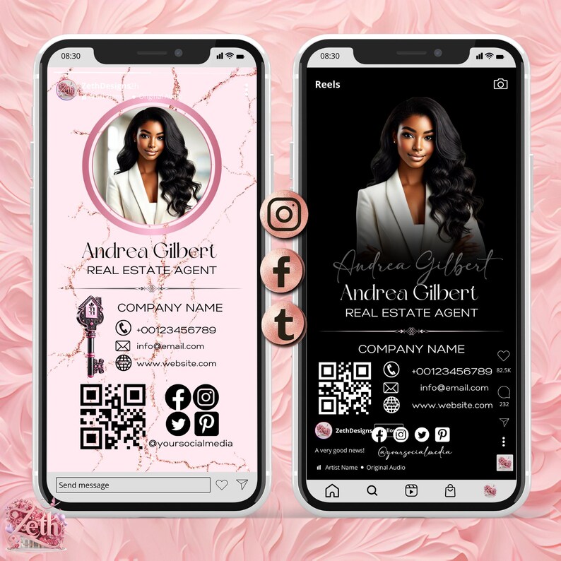 May include: A pink and white marble background with a black phone screen displaying a real estate agent's business card. The card features a woman's headshot, the text "Andrea Gilbert Real Estate Agent", contact information, and social media icons.