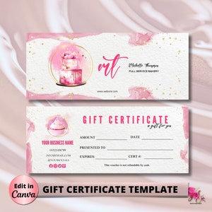 Pink EDITABLE Gift Certificate Template Feminine Printable Gift Voucher Design Gift Certificate Bakery Custom Cake Pastry Wedding Gift Card