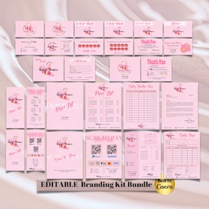 May include: Editable branding kit bundle for a beauty business. The kit includes a price list, order forms, gift certificates, loyalty cards, thank you cards, and scan to pay cards. The design features a pink and gold color scheme with a logo of a woman with a lipstick.