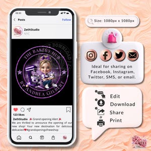 K&ouml;nnte beinhalten: Ein Smartphone zeigt ein B&auml;ckerei-Logo mit einem Cartoon-B&auml;cker, dem Text "THE BAKERY HUB" und "BY ANDREA GILBERT." Das Bild enth&auml;lt Social-Media-Symbole, ein Glockensymbol und Optionen zum Bearbeiten, Herunterladen, Teilen und Drucken. Der Beitrag hat 123 Likes.